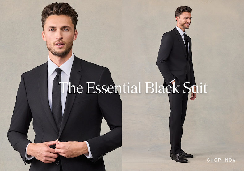 Close-up and full-length views of a man in a black suit with a white shirt and black tie — front detail shot showing the jacket button, and a side profile shot showing the full look with black dress shoes. SHOP NOW