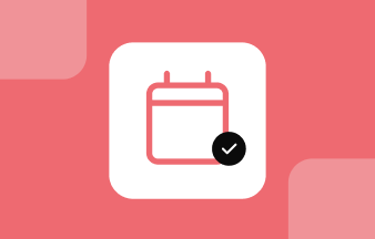 White tile containing a pink calendar icon next to a black checkmark badge, set on a pink background.