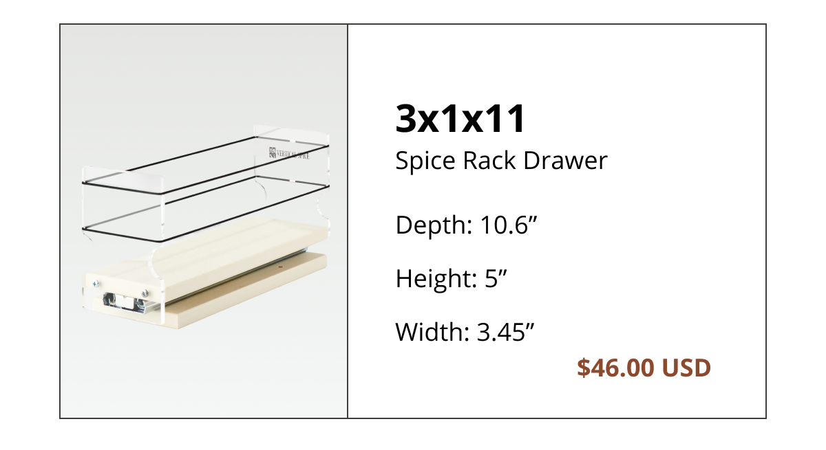 Narrow pull-out spice rack drawer 3x1x11 ideal for small kitchen cabinets and tight spaces