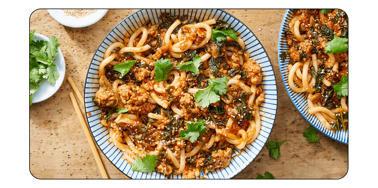 Gochujang Chicken Ragù with Udon, Cilantro & Scallions