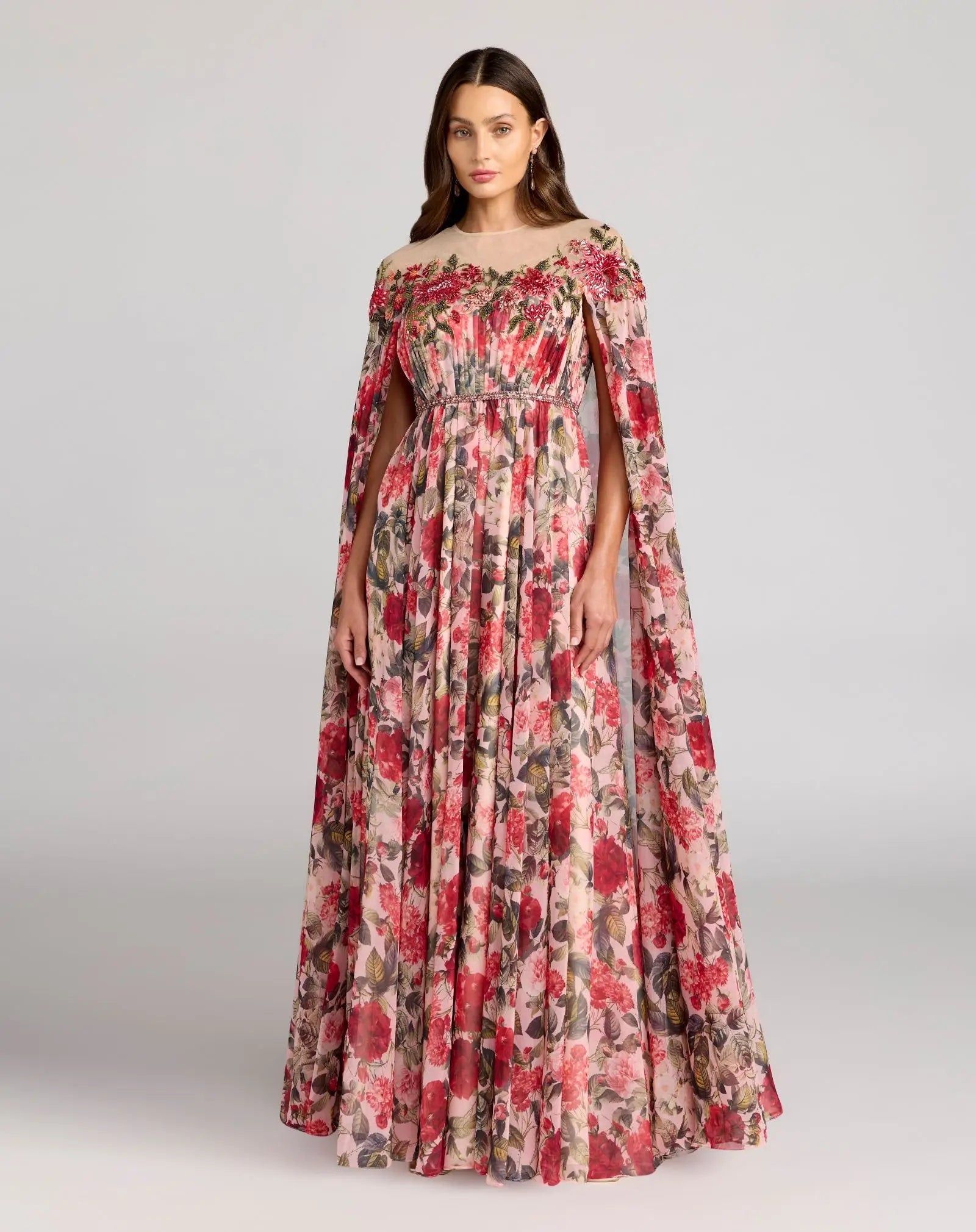 Image of Multicolor Floral Printed Chiffon High Neck Cape Gown