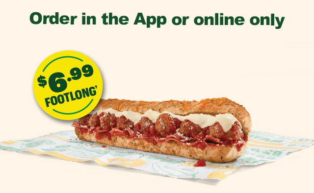 Subway® promotional email highlighting gametime eats in the App or online. Headline text reads “Soccer’s on, savings are live! Time for a sub.” Below highlithes the offer a $6.99 footlong. Additional text encourages checking the app for deals and features a button labeled “Kick it off” and “Order for gametime,” with “Soccer is on. Time for a sub.” at the bottom. The email finishes with a section reminding guests that when USA wins, so do they with 40% Off a Footlong.