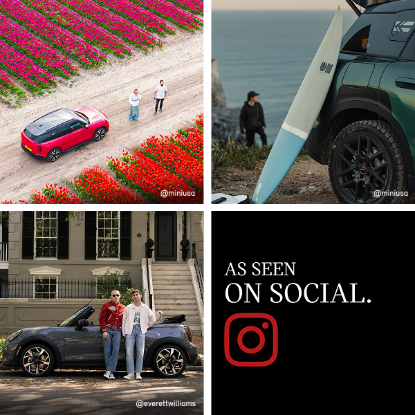A red MINI is shown parked among a tulip field. A surfboard leans on the side of a MINI. In the foreground, its owner walks from the ocean toward their MINI. Two MINI fans pose in front of a MINI Convertible.