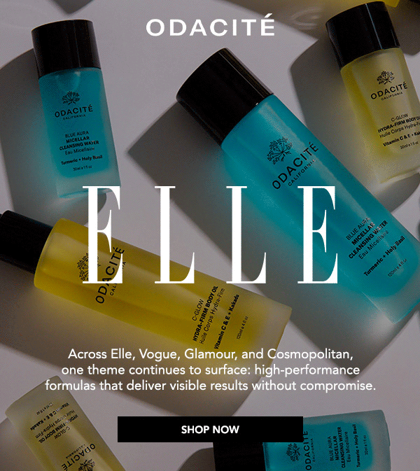 Odacité product bottles arranged on a neutral background, featuring large “ELLE” headline and copy about recognition across Elle, Vogue, Glamour, and Cosmopolitan, with a Shop Now button.