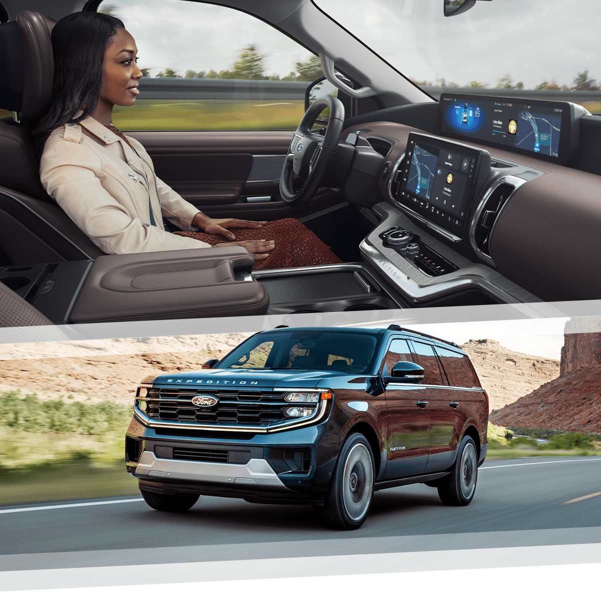 Image of a woman enjoying hands‑free highway driving and an exterior shot of an Expedition&reg; SUV driving down the highway
