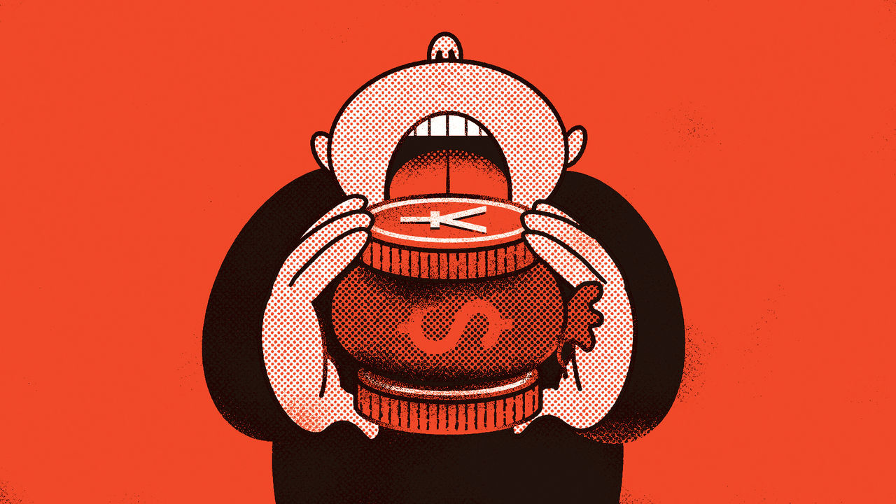 illustration of  person is about to eat a red burger with a dollar sign on the patty and a won symbol on the top bun