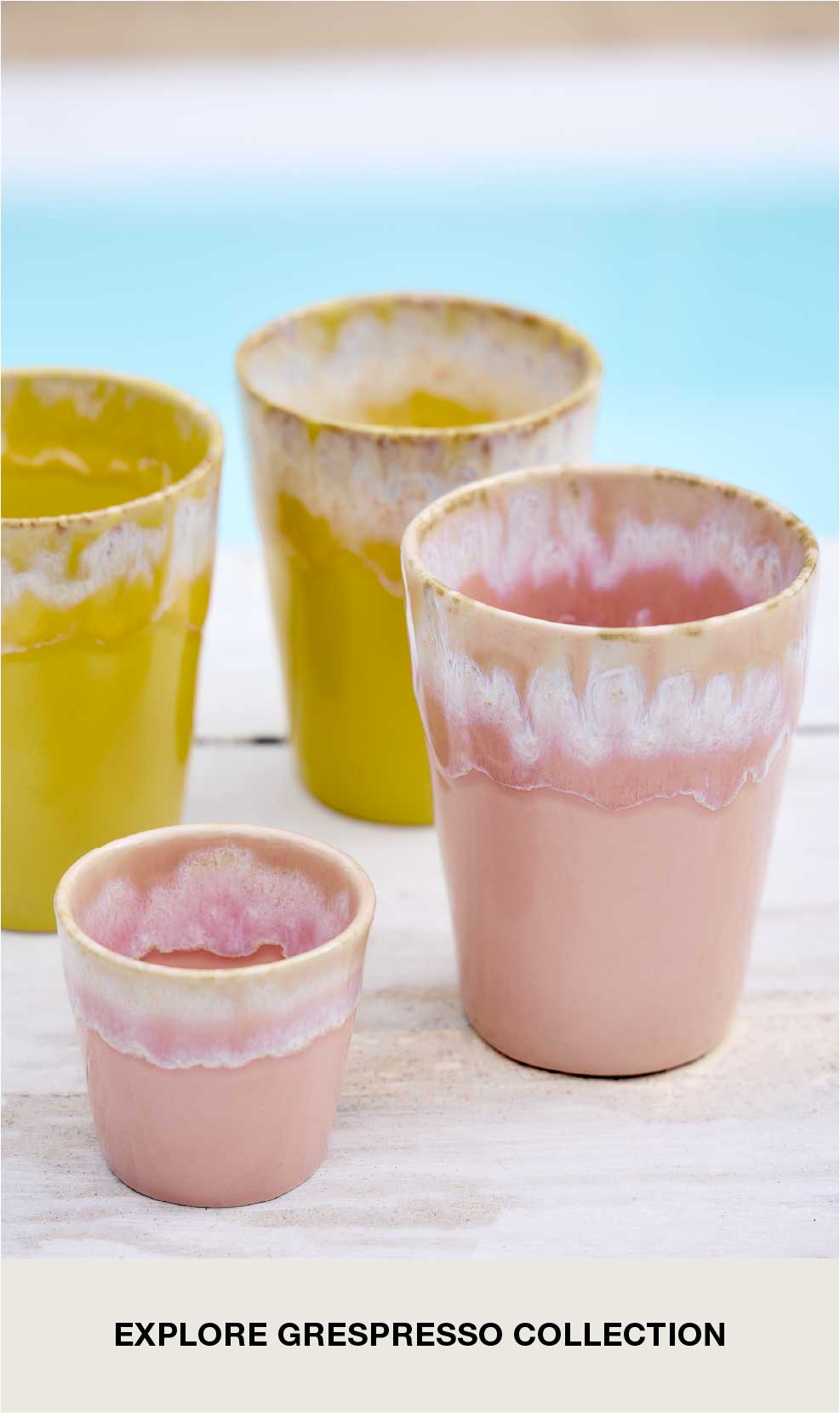 Two product highlights for children: Grespresso cups in yellow and pink with a glazed finish by a swimming pool, and a table set with Summer Bliss collection tableware in pastel tones with colourful illustrations