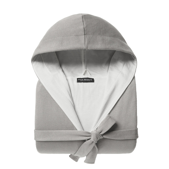 A grey luxury hooded robe folded.