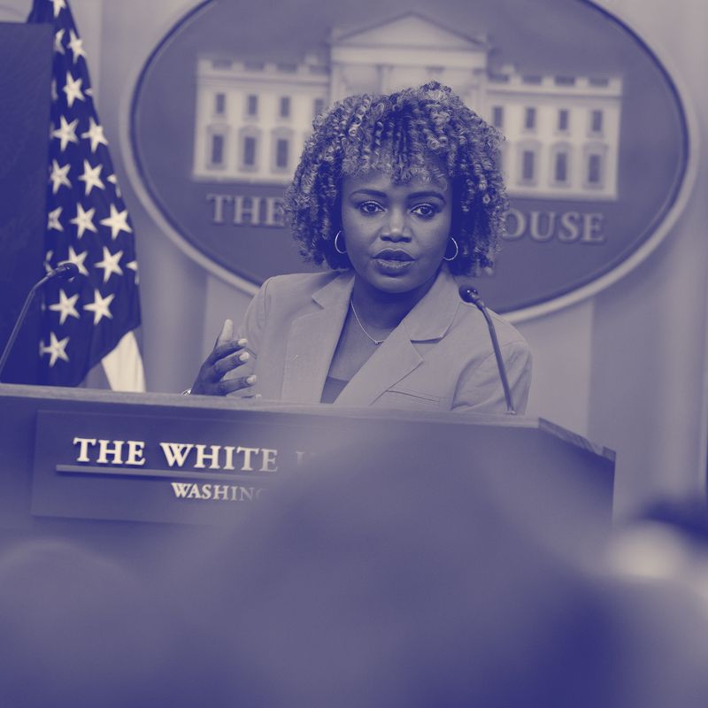 Karine Jean-Pierre speaks during a news conference in the Brady Press Briefing Room at the White House with blue duotone overlay