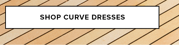 Call to action button for 'SHOP CURVE DRESSES' against a warm diagonal striped background. Discover our latest collection of flattering curve dresses.