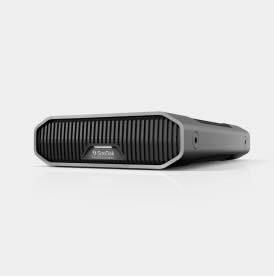 A black SanDisk Portable SSD with a ribbed design.