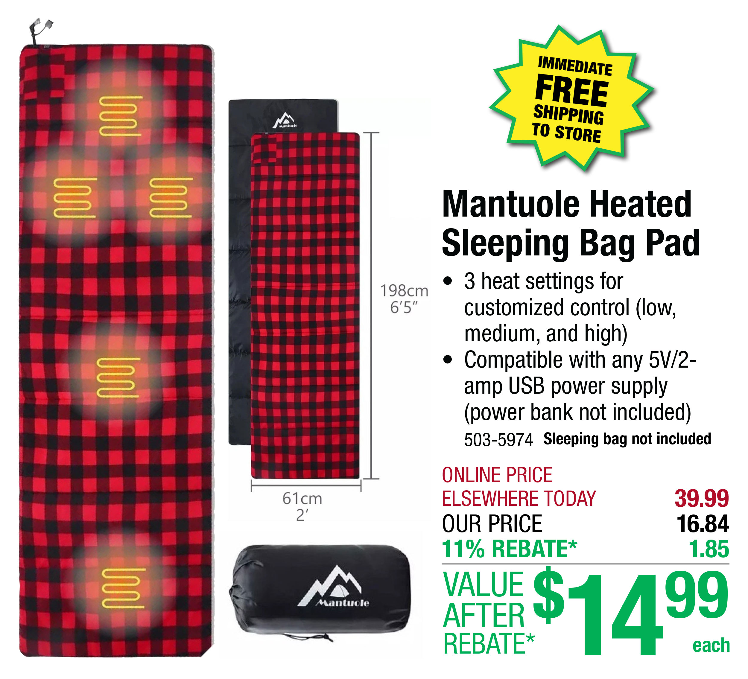Mantuole Heated Sleeping Bag Pad - ONLY $14.99 After Rebate*!