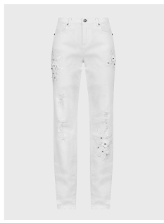 White Stretch Denim Jeans With Embroidered and Jeweled Flowers