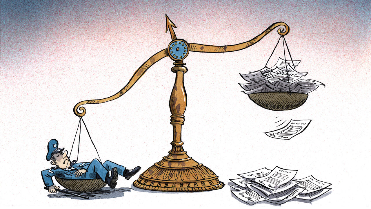 Illustration of a giant set of scales, on one side is a sleeping police officer, the other is a stack of papers overflowing, the policeman is heavier