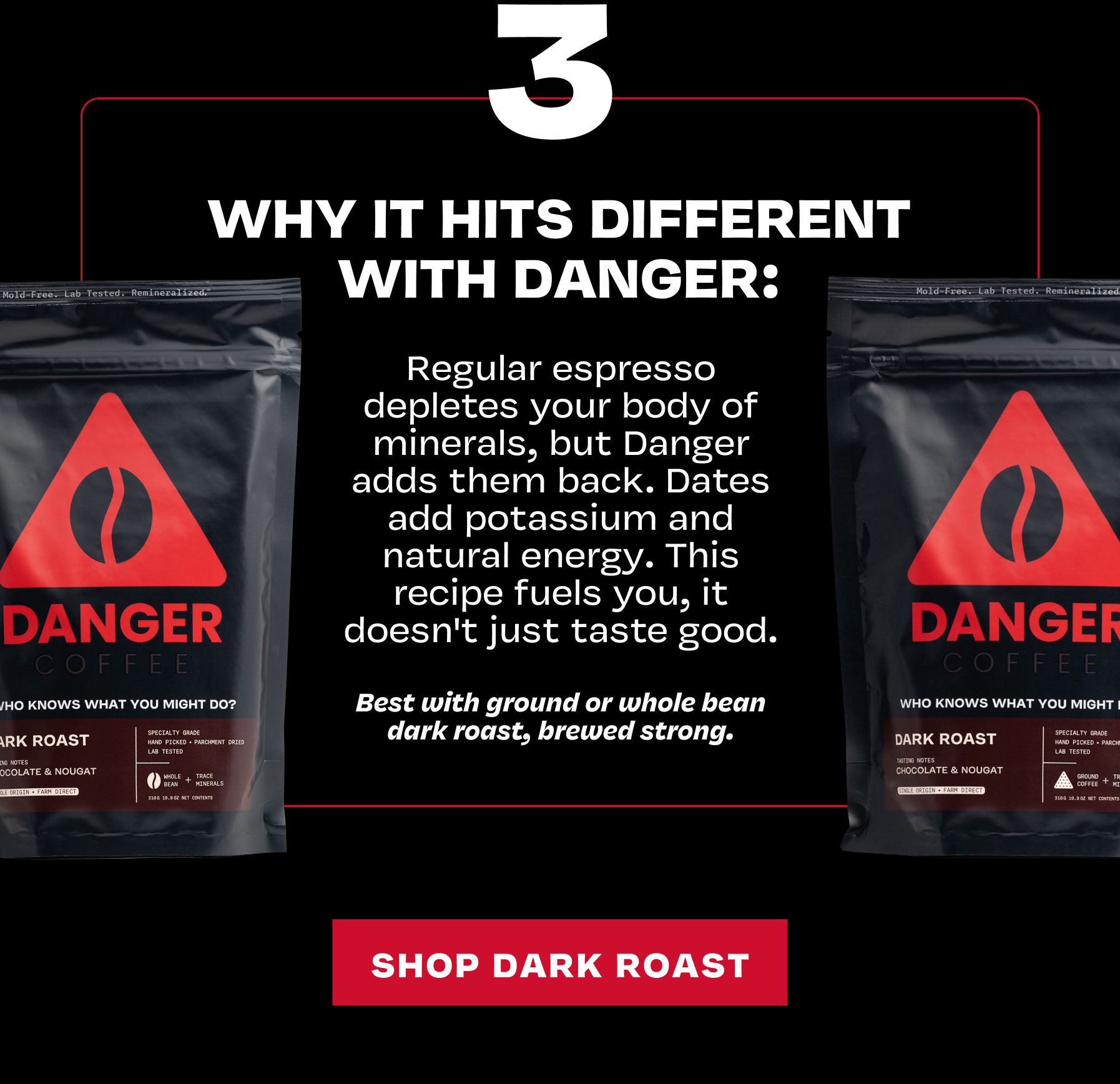 Recipe card: why Danger's dark roast beats regular espresso, Danger Coffee bags on either side, Shop Dark Roast button