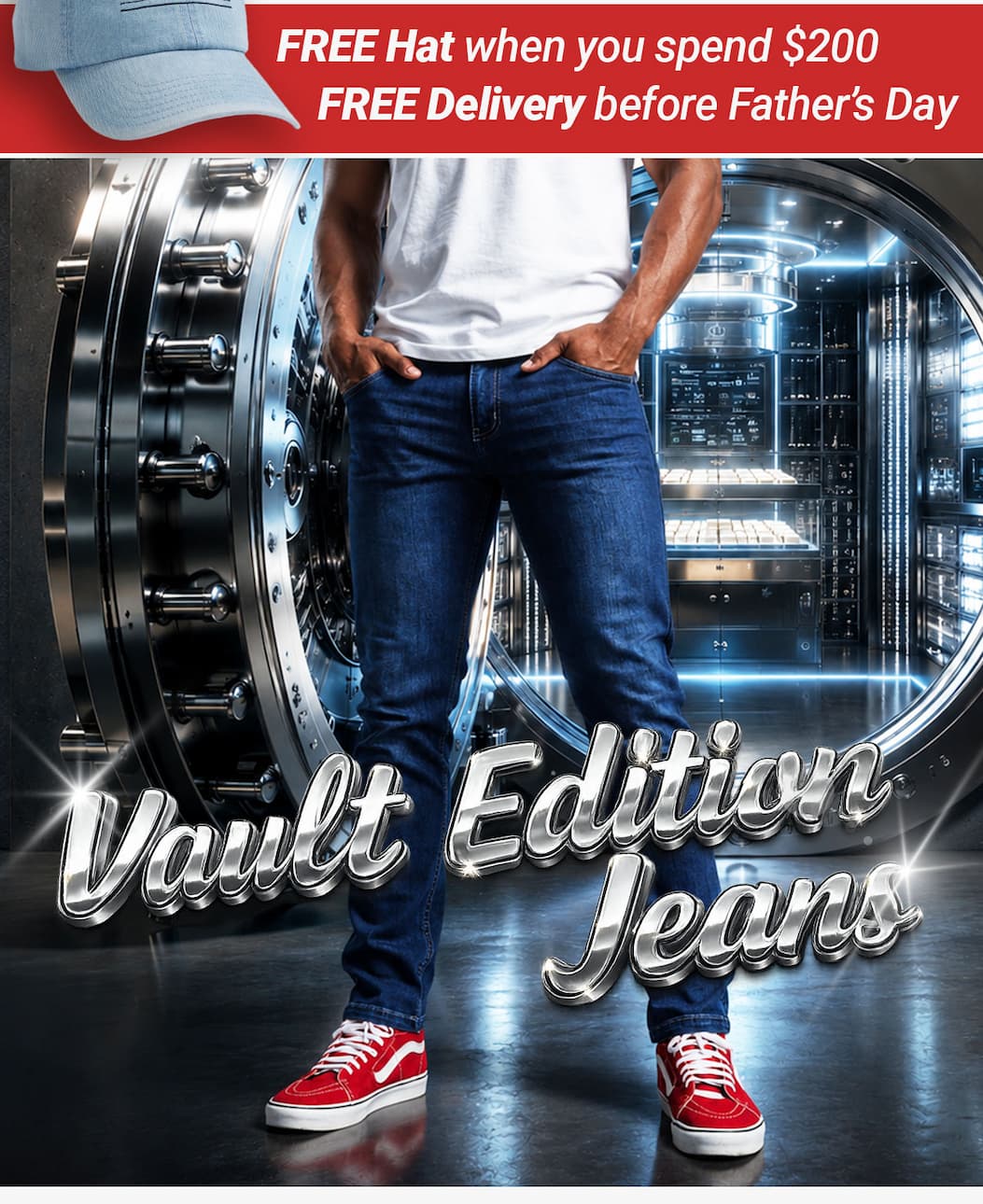 FREE Hat when you spend $200, plus FREE Delivery before Father’s Day. Vault Edition Jeans [Image of guy standing in front of an open hihg-tech vault, wearing original jeans style, Kinzies]