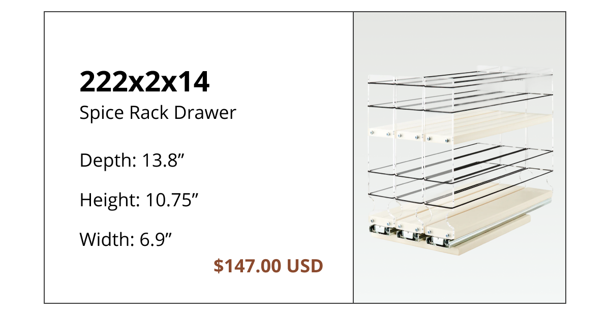 Deep pull-out spice rack drawer 222x2x14 designed for maximum storage and easy access in cabinets