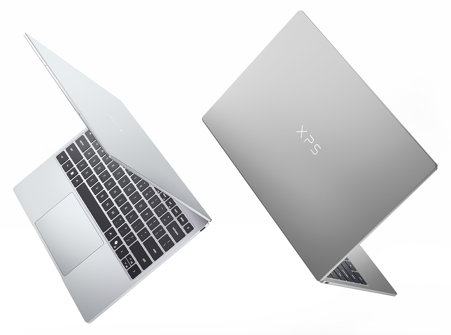 Two floating DX13260 Roma Dell XPS 13 Laptops in Sky and Storm Configurations