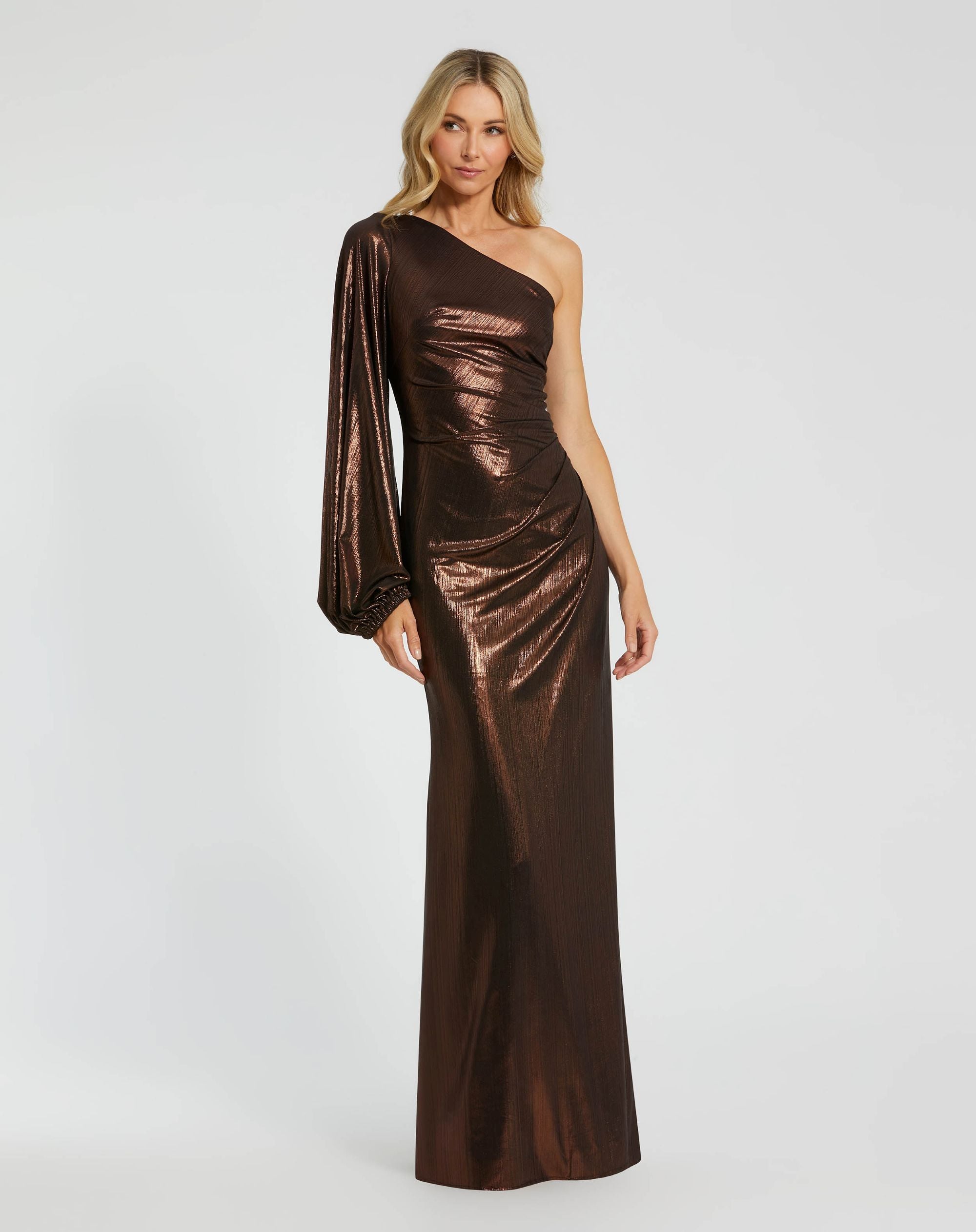 Image of Brown One Shoulder Long Sleeve Metallic Gown