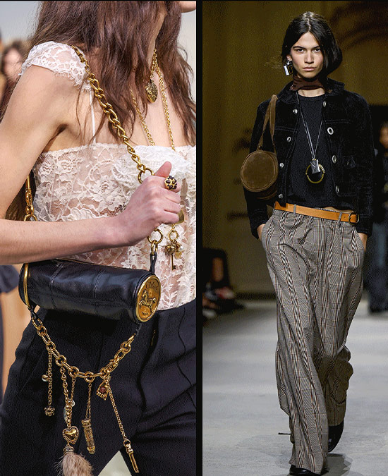 Runway models carrying cylinder bags