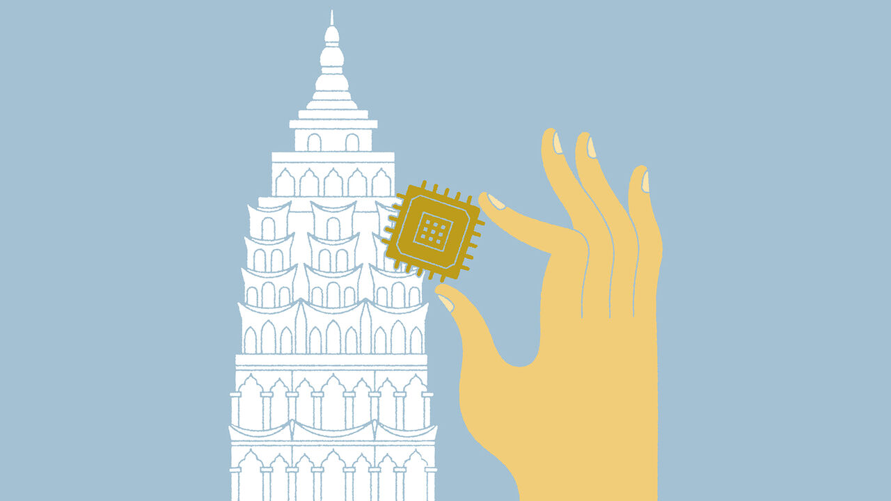Illustration of a hand holding a semiconductor infront of a pagoda at Kek Lok Si