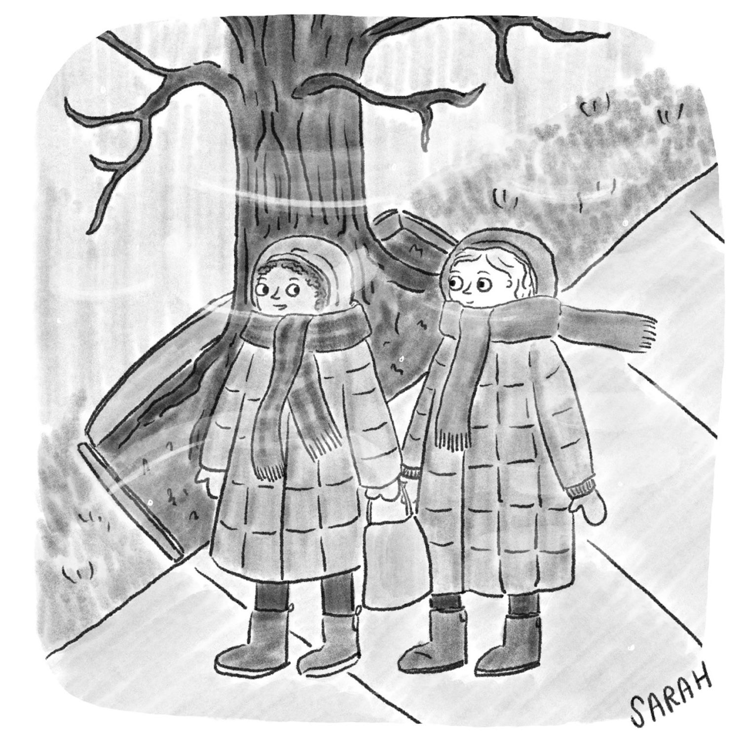 Two people are standing outside, wearing scarves and puffer coats.