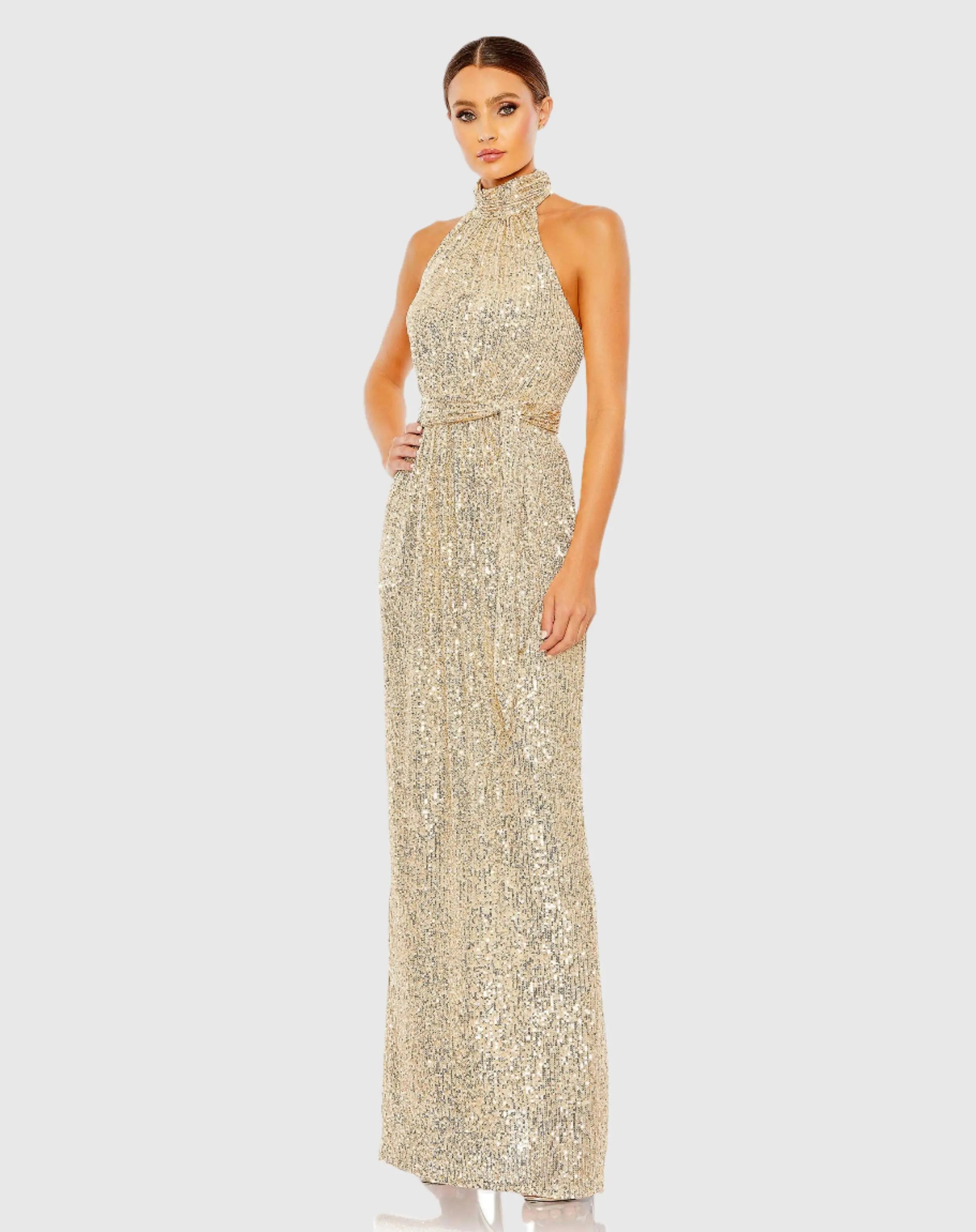 Image of Gold Sequin Halter Neck Column Gown with Tie Belt