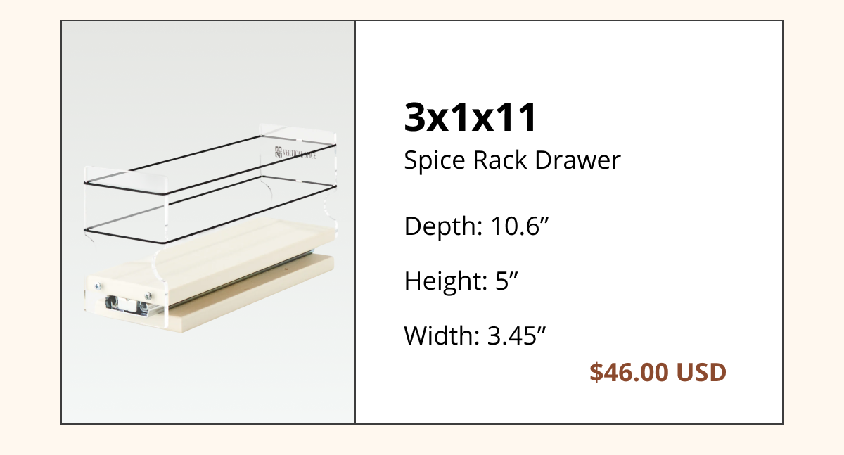 Compact 3x1x11 single pull-out spice rack drawer insert for narrow kitchen cabinets and small spaces