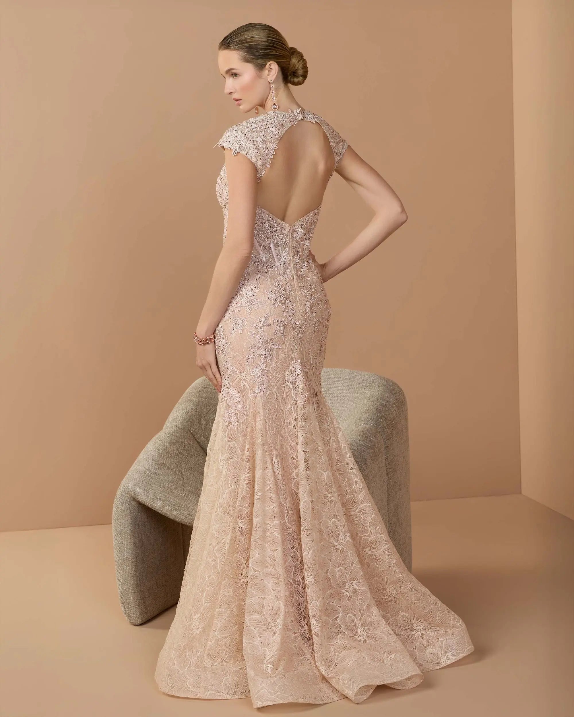 Image of Pink Embroidered Lace Mermaid Gown With Cap Sleeves