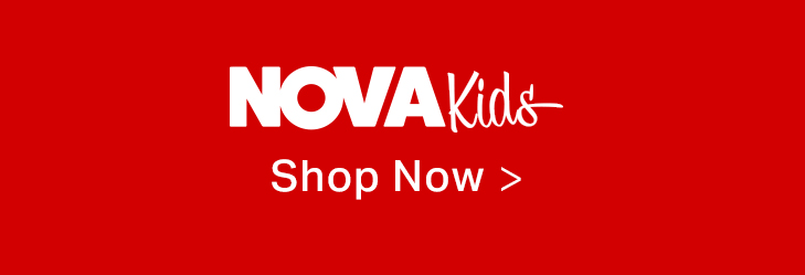NOVA Kids logo in white, bold text with "Kids" in script, on a vibrant red background. "Shop Now" encourages exploring children's fashion.