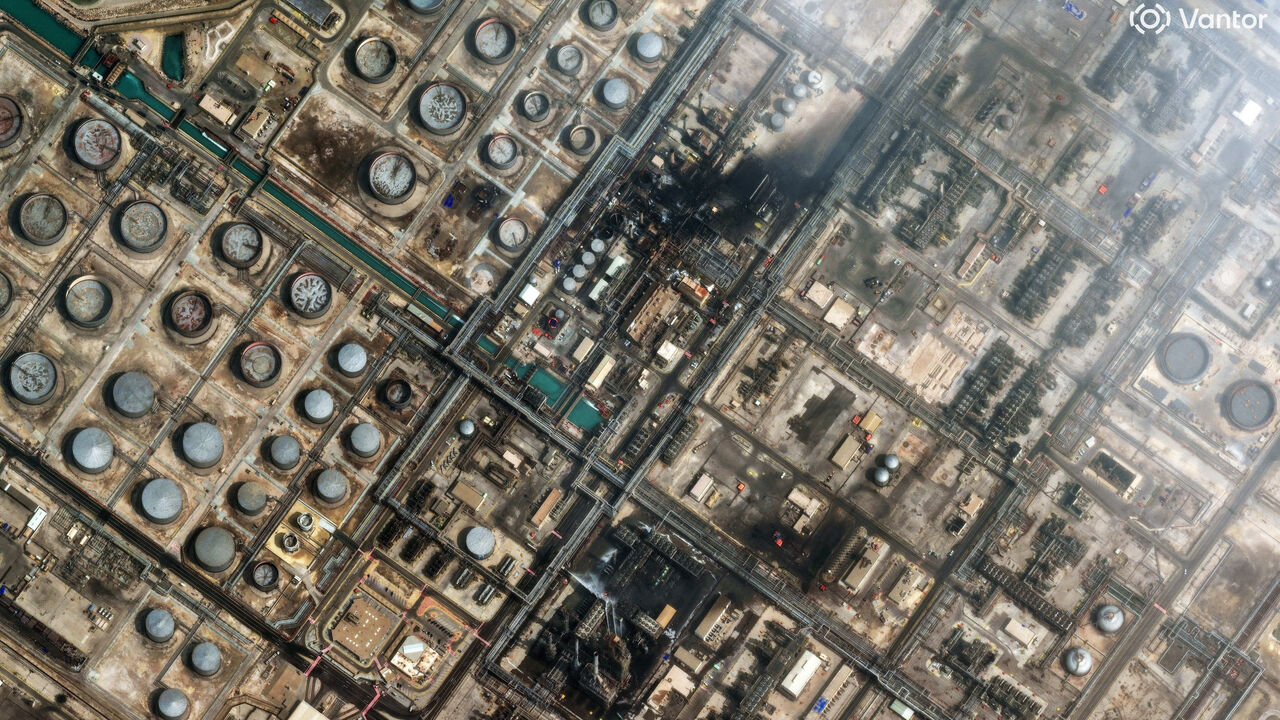 This satellite image provided by Vantor shows an overview of damage after a drone attack to Ras Tanura oil refinery, in Saudi Arabia.