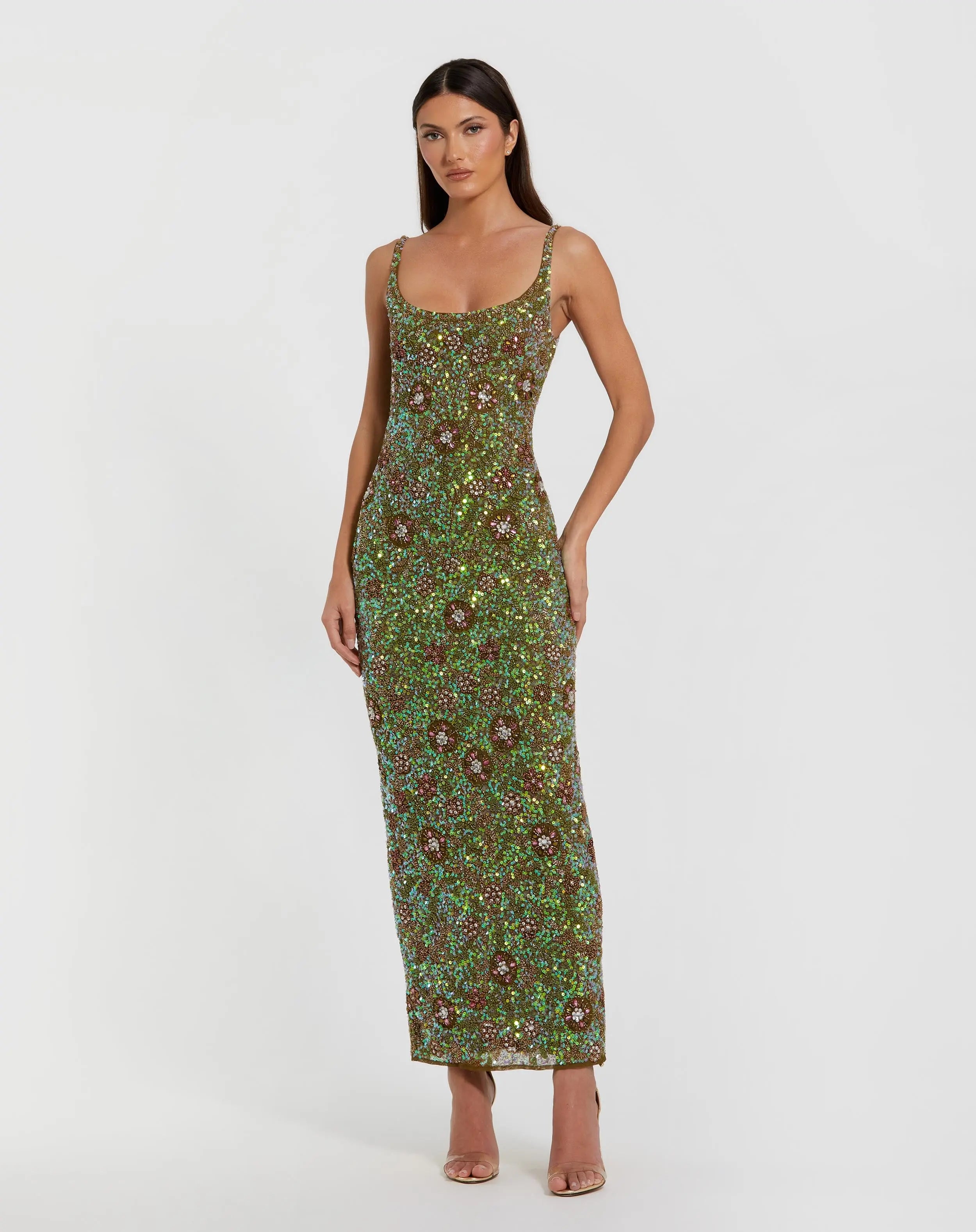 Image of Green Sleeveless Hand Embellished Floral Maxi Dress