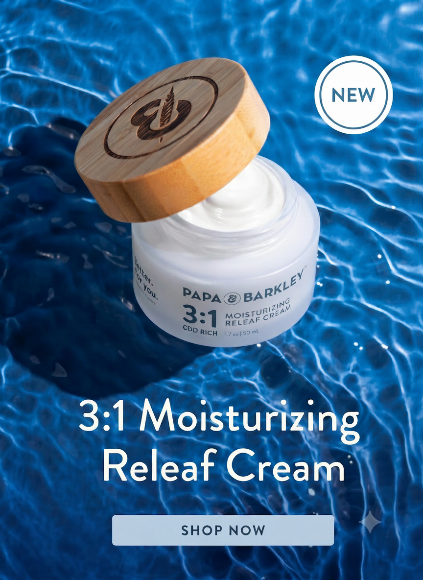 Papa & Barkley 3:1 Moisturizing Releaf Cream jar with "NEW" tag on blue water background.