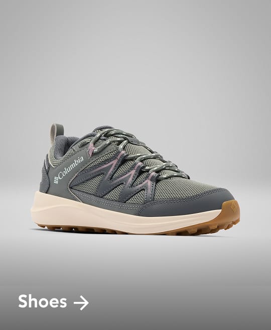 A green and grey shoe with text: Shoes 