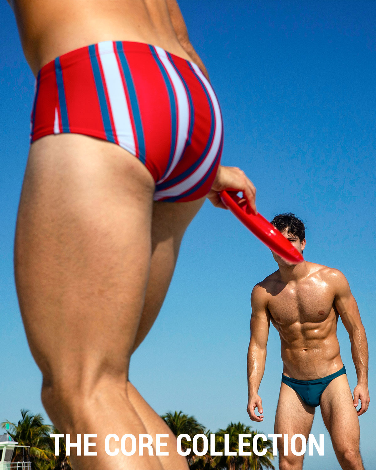 DC2 Core Collection — models wearing Swift Stripes Swim Sunga and Chic Teal Swim Mini Brief, highlighting bold stripes, clean cuts, and signature DC2 silhouettes under the sun.