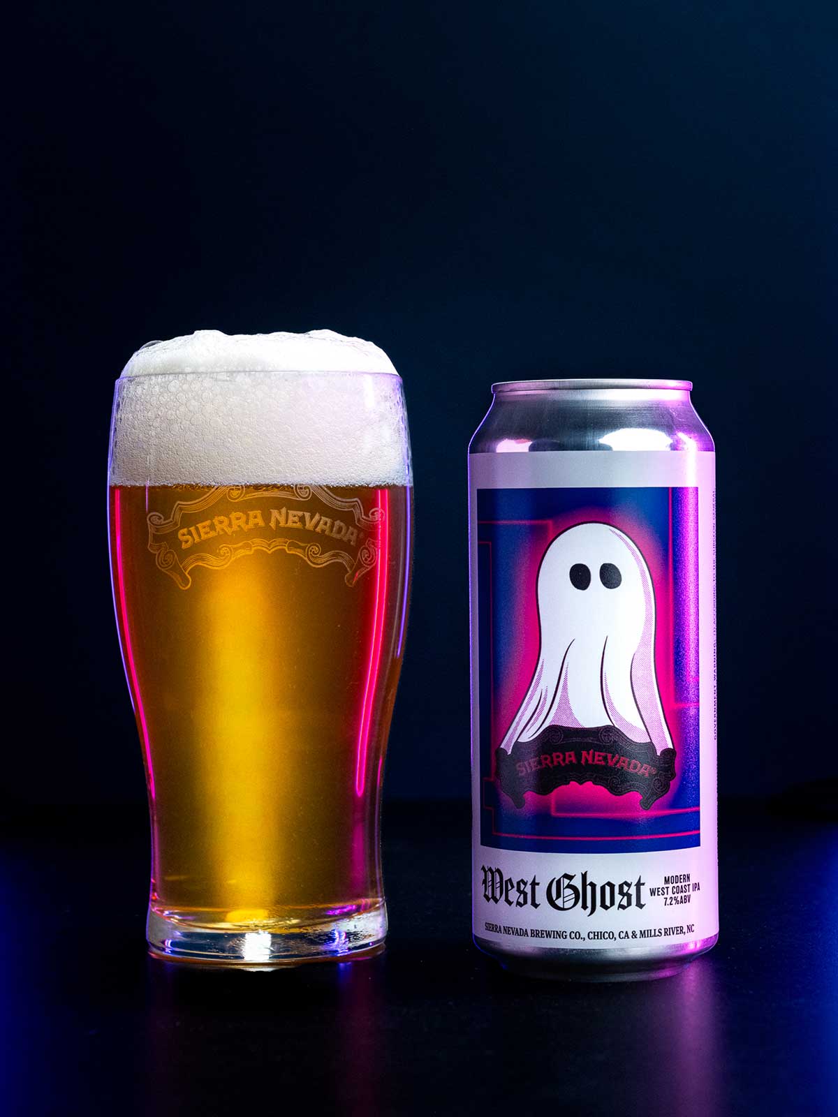 A full glass and can of West Ghost IPA