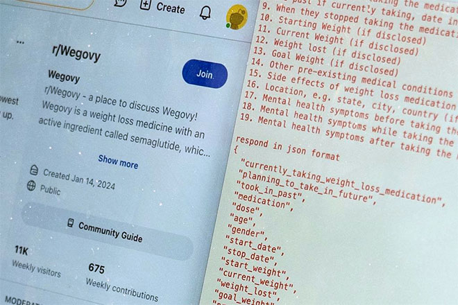 A computer screen showing a list of keywords related to GLP-1 side effects next to a Wegovy subreddit.