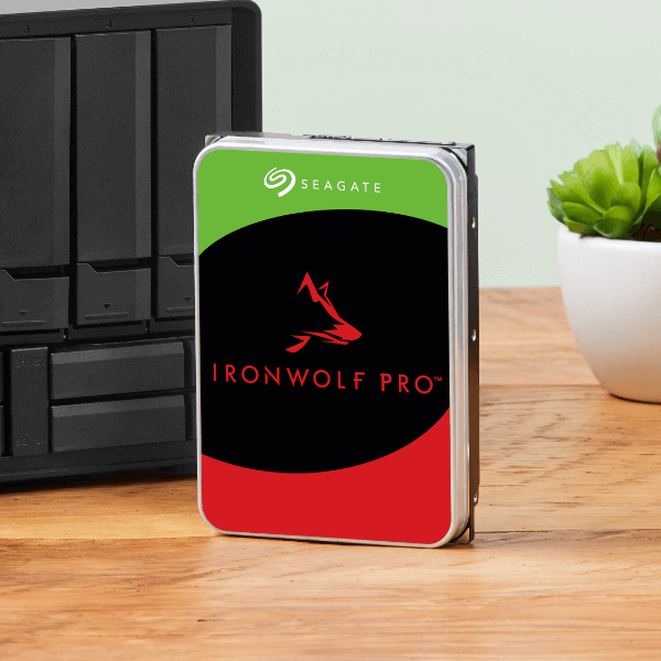 Seagate IronWolf Pro tanding on a wooden desk in front of a NAS drivebay and a plant