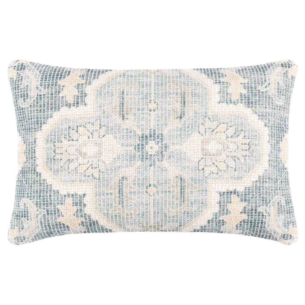 Image of Audrey French Country Teal Floral Down Lumbar Pillow - 14x22