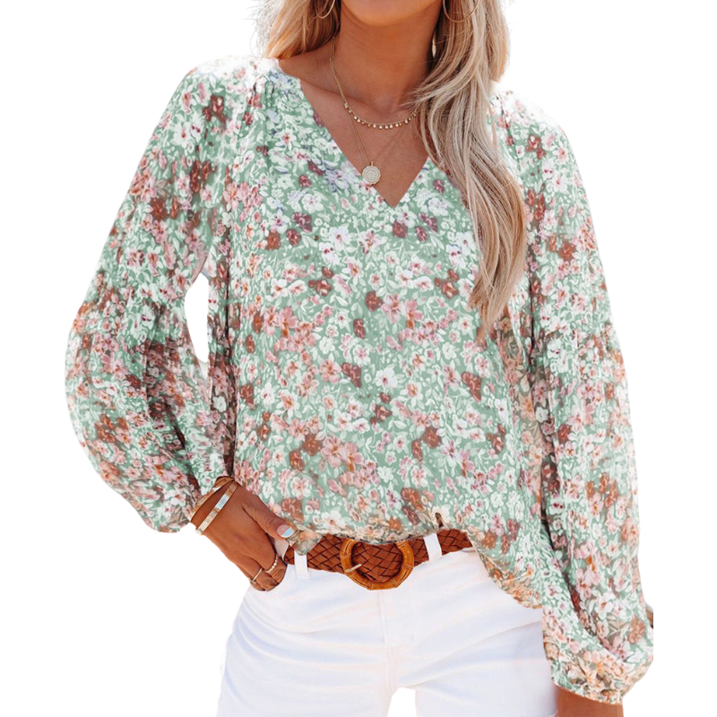 Image of Floral Print Lantern Sleeves Shirt