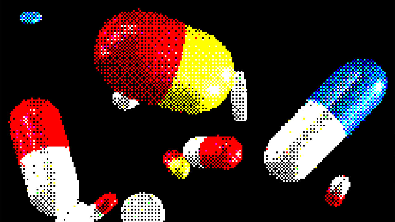 An illustration of pixelated tablets and capsule pills falling.