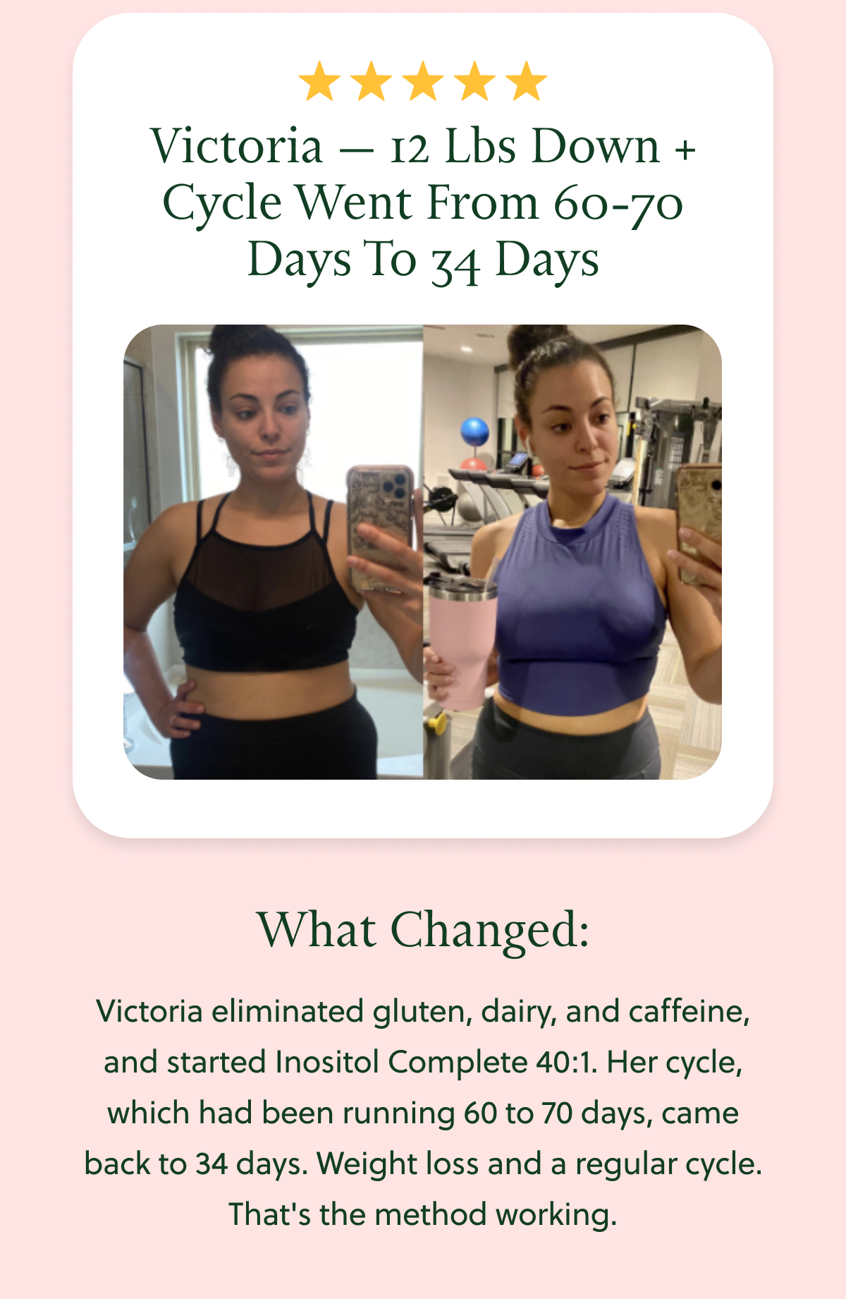 Victoria - 12 lbs down + cycle went from 60-70 days to 34 days. What changed: Victoria eliminated gluten, dairy and caffeine, and started Inositol Complete 40:1. Her cycle, which had been running 60 to 70 days, came back to 34 days. Weight loss and a regular cycle. That's the method working.