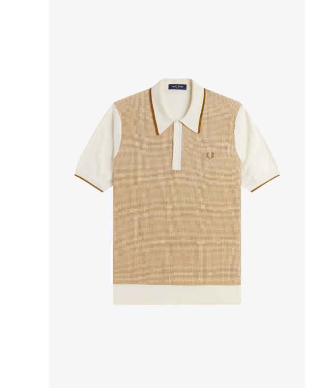 Tonic waffle knitted polo shirt in ecru with gold textured front panel
