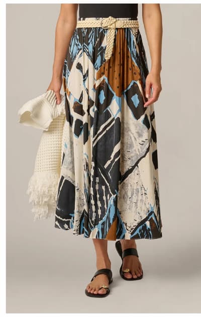 Printed Side Slit A Line Midi Skirt In Blue Diamond Tiki