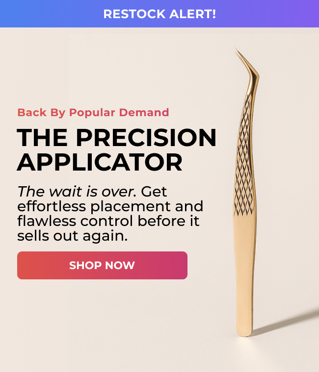 Precision Lash Applicator back in stock with Shop Now button.