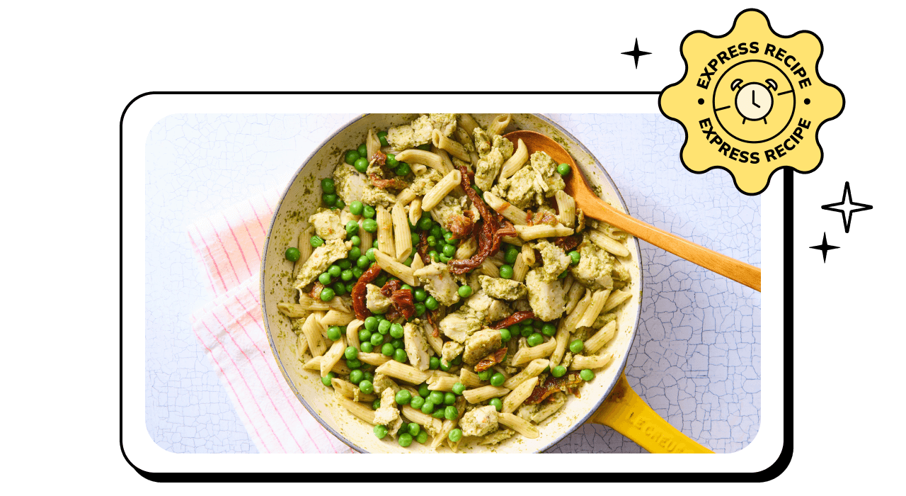 Express Recipe! Chicken Pesto Pasta with Sun-Dried Tomatoes & Peas