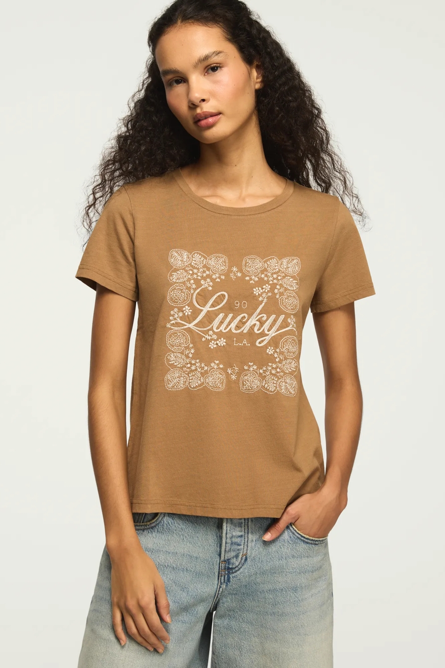 Image of Lucky Brand Lucky Floral Frame Classic Crew in Malt Ball