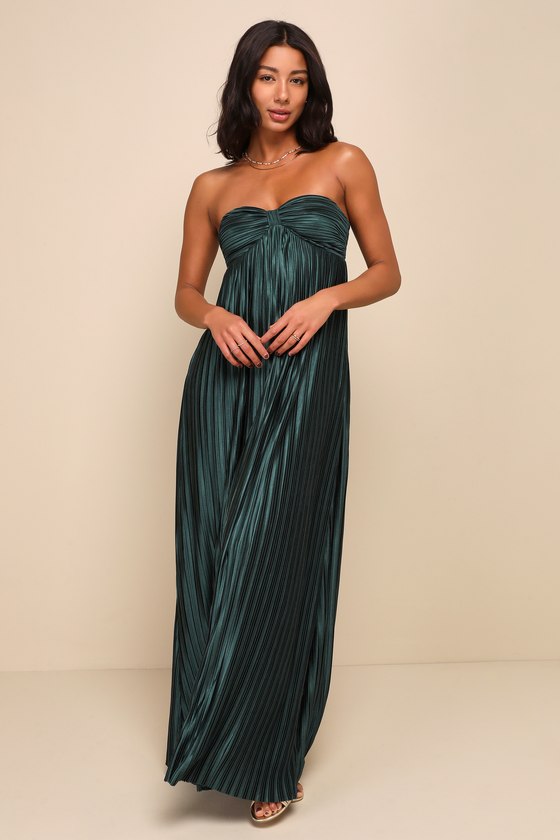 Image of Whimsical Beauty Emerald Green Satin Plisse Strapless Maxi Dress
