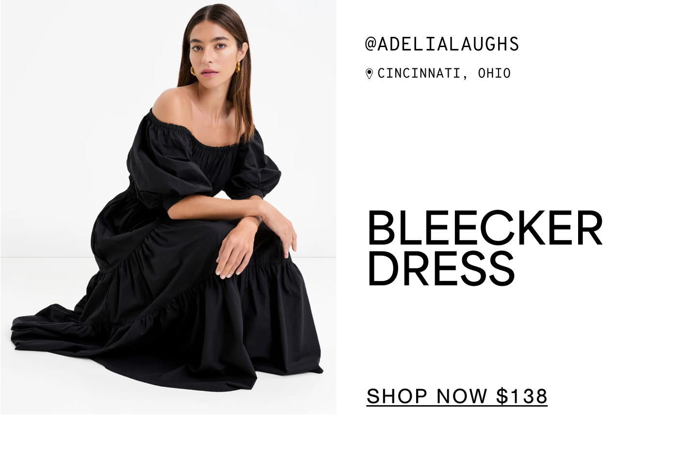 Rocio seated in The Bleecker Dress, priced at $138.