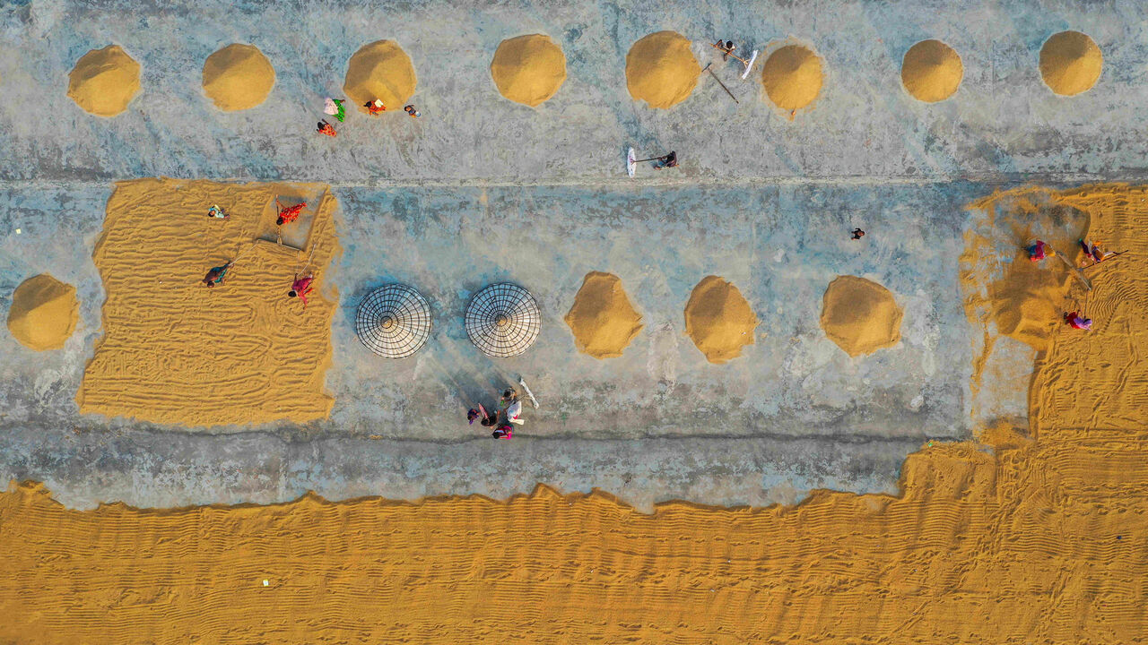 Aerial shot of workers at rice mills in Ashuganj, Bangladesh.